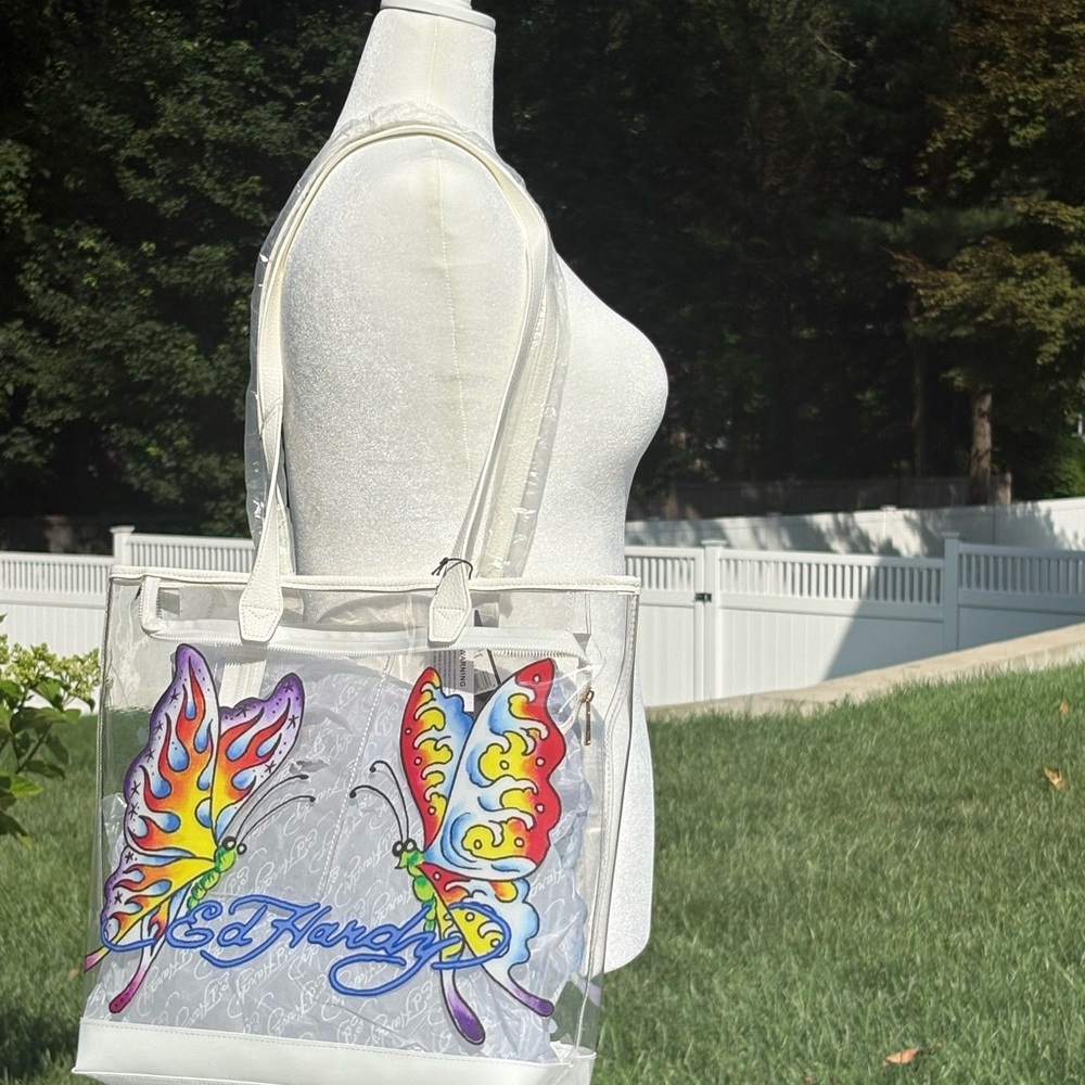 Ed Hardy Transparent Tote with Multicolor Butterfly NWT